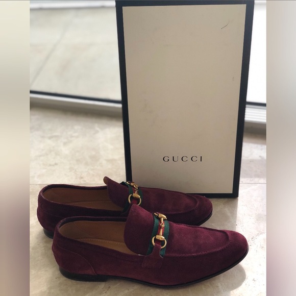 Gucci Other - Gucci Mens Burgundy Suede Web Loafers AUTHENTIC